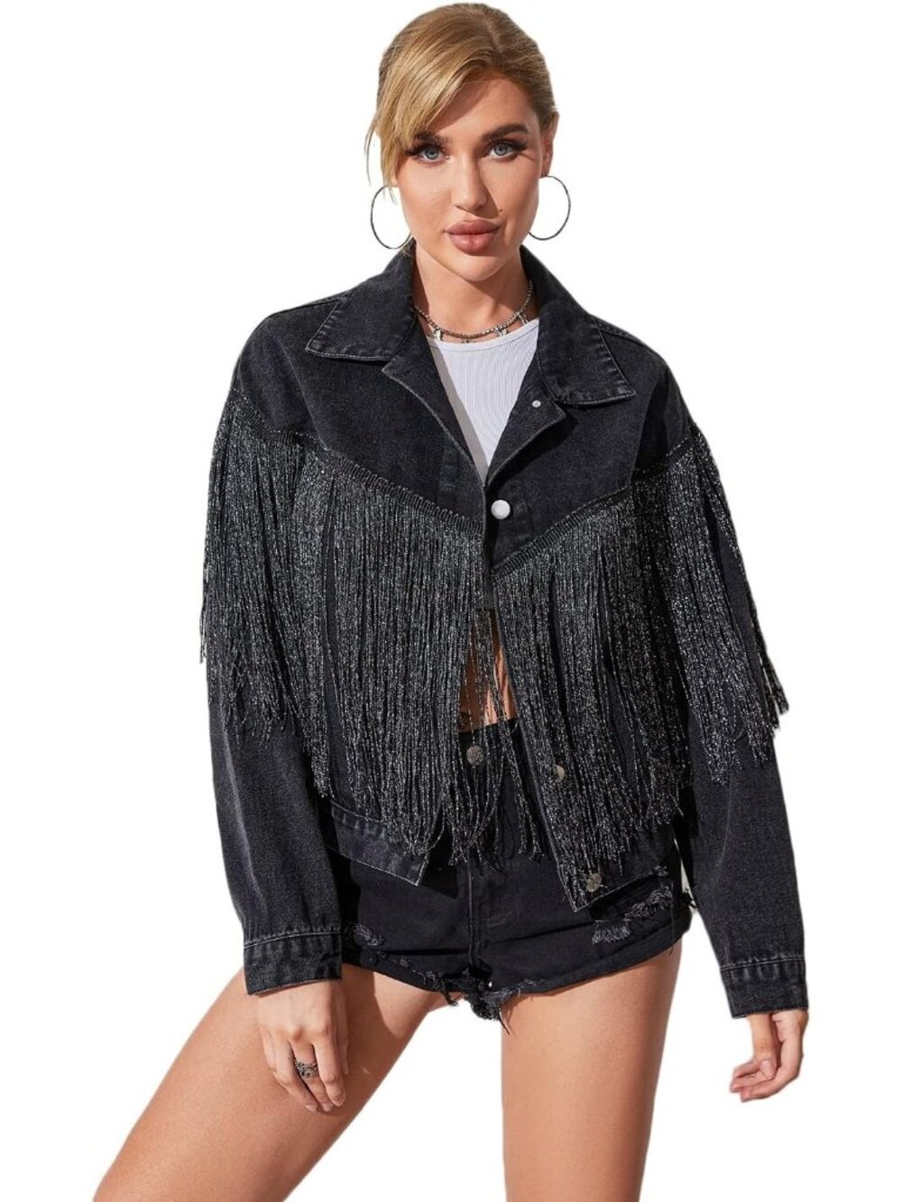 Women’s Black Crop Denim Lightweight Jacket Tassel Casual Jean Coat With Fringe